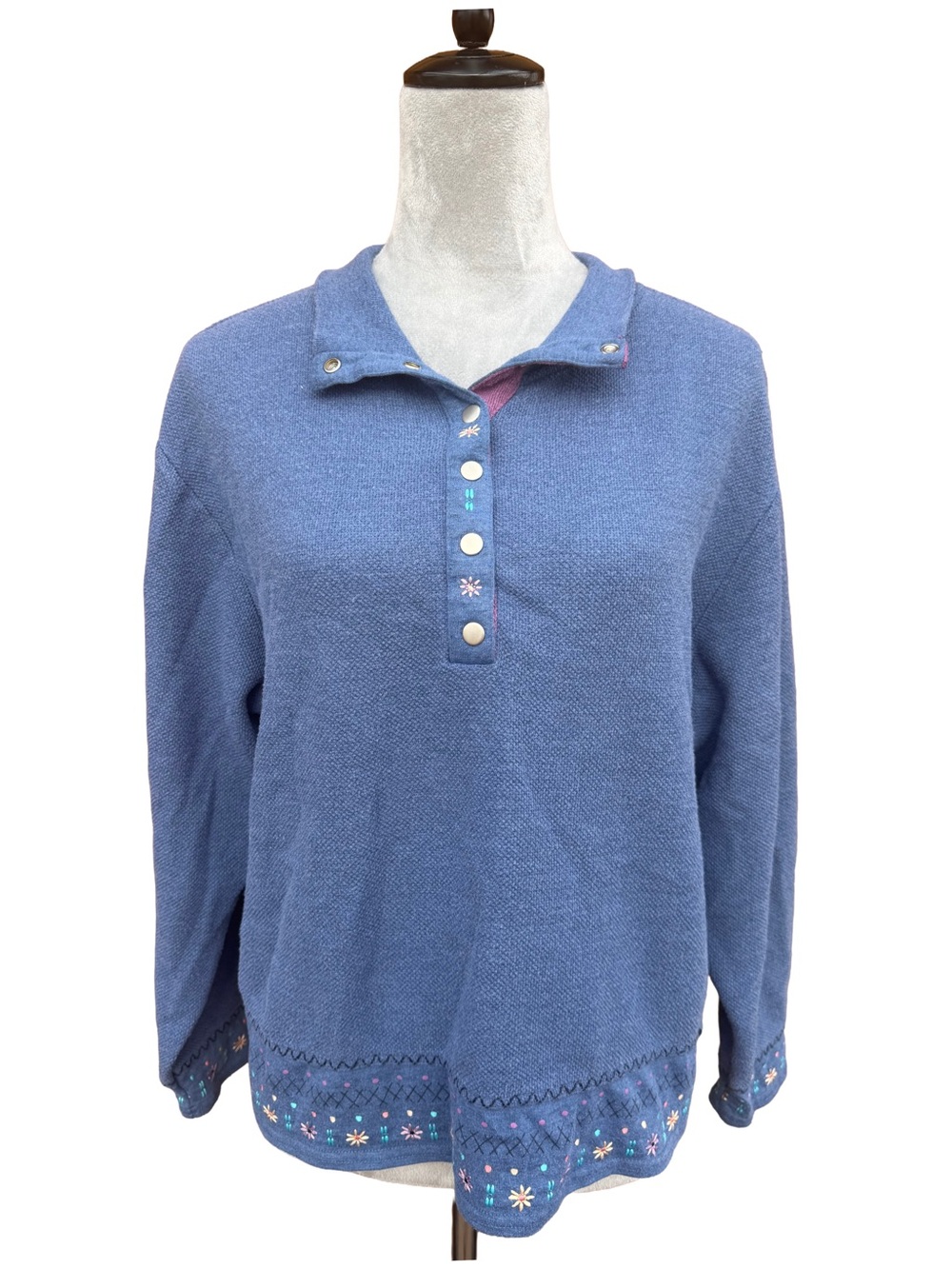 Vtg 90s Blast Embroidered Henley Sweatshirt Blue Floral Woman Grandmacore L Chic